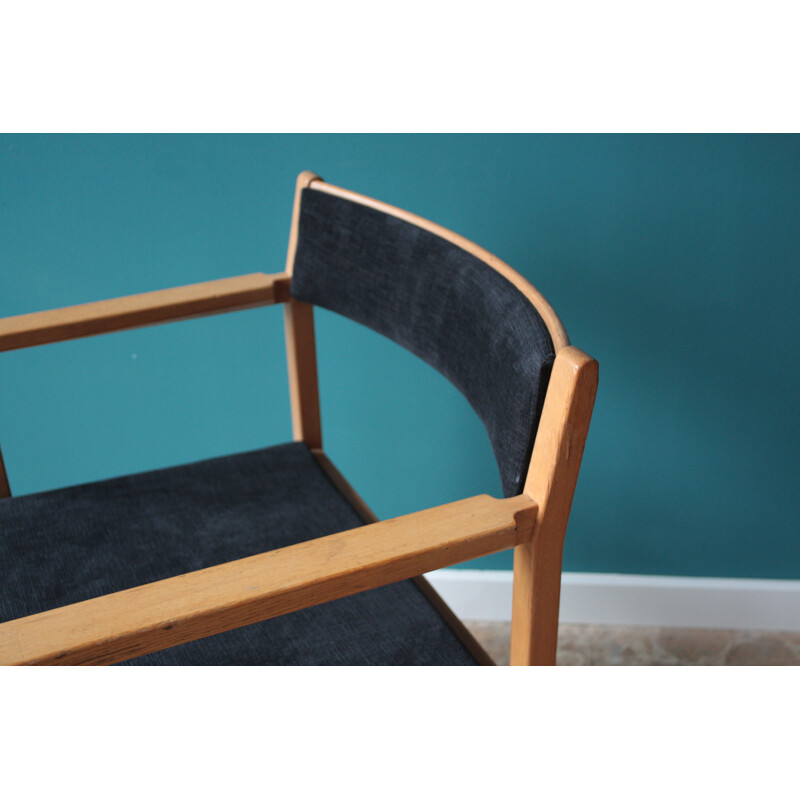 Set of 4 scandinavian armchairs in oakwood and blue fabric, Børge MOGENSEN - 1960s