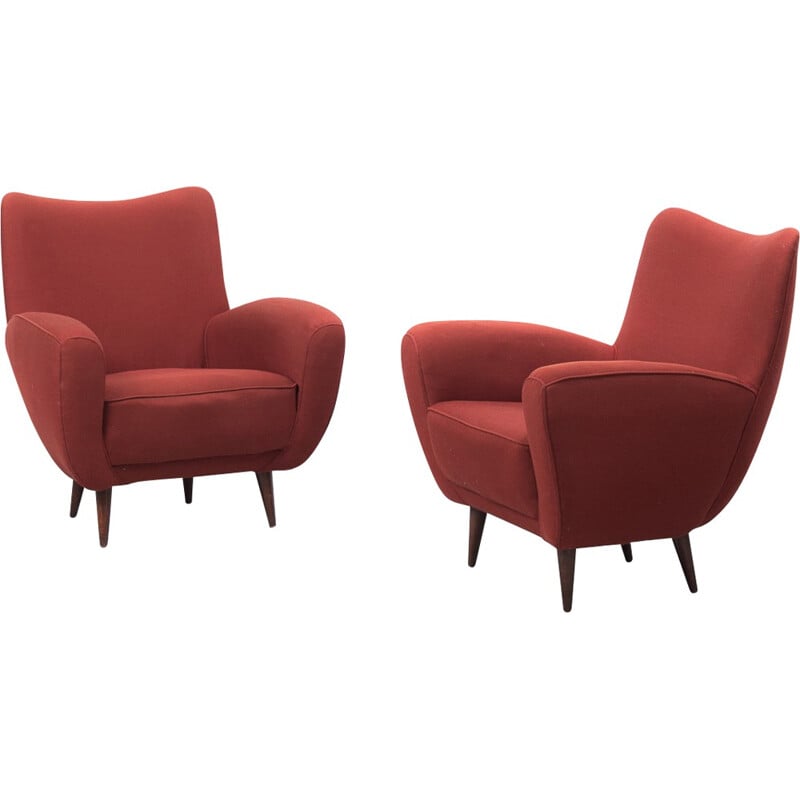 Pair of Italian armchairs in wood and red fabric - 1960s