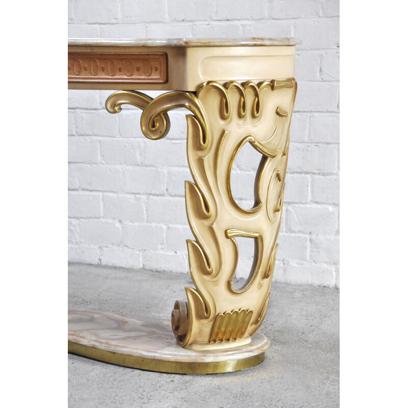 Italian vintage carved & gilded wood console with onyx top, 1940s