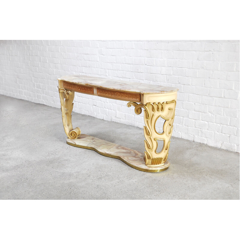 Italian vintage carved & gilded wood console with onyx top, 1940s