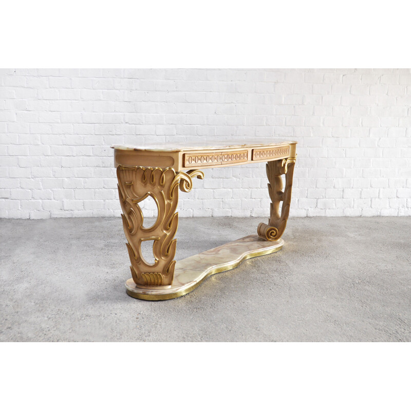 Italian vintage carved & gilded wood console with onyx top, 1940s