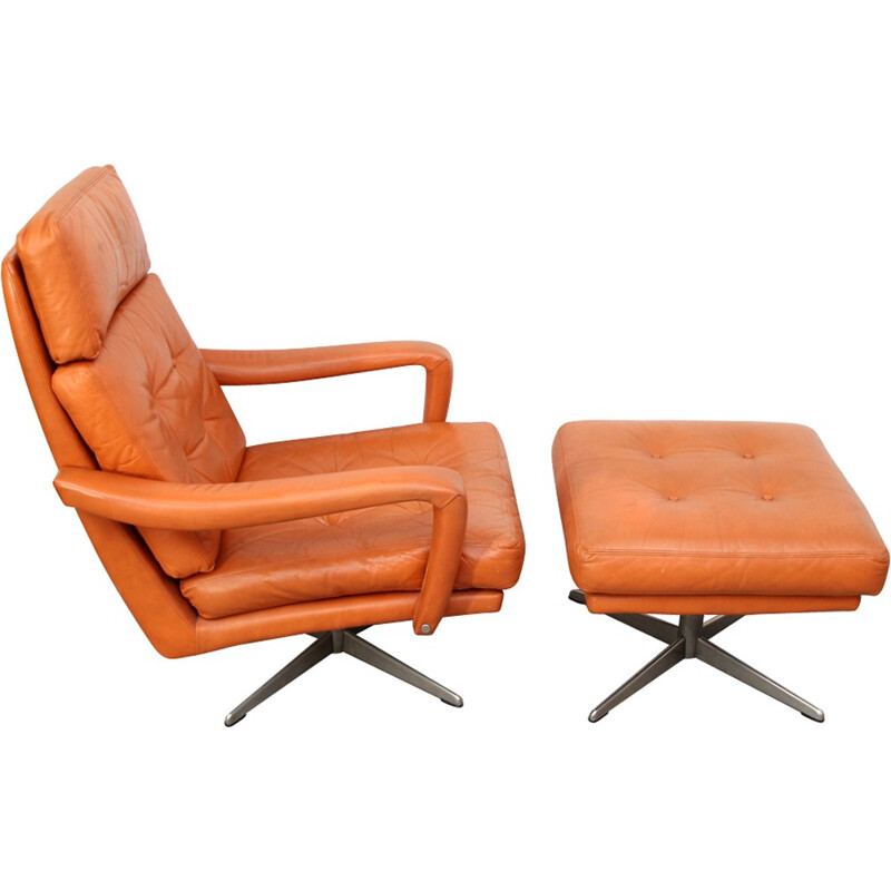 Leather swivel lounge chair with ottoman - 1970s