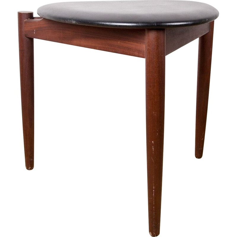 Vintage Danish teak and black skai stool by Hans Olsen for Frem Rojle, 1960