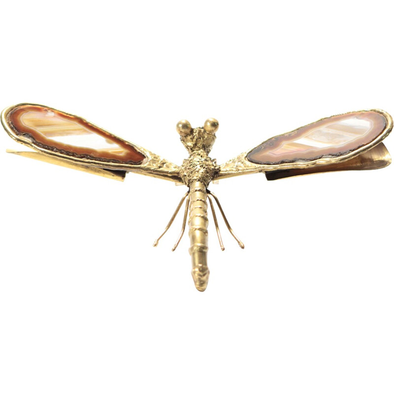 Lampe libellule vintage en bronze et agate, Jacques DUVAL-BRASSEUR - 1970