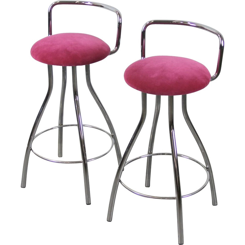 Pair of Italian high stools in chromed metal and velvet - 1970s