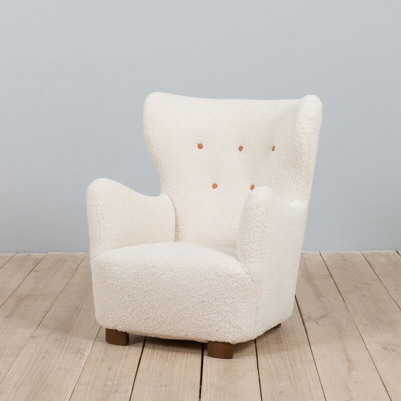 Danish mid century armchair in thick boucle fabric and leather buttons, 1940s
