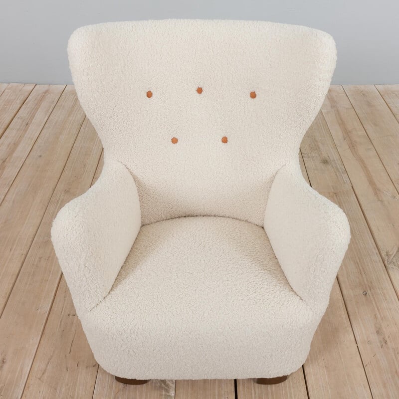 Danish mid century armchair in thick boucle fabric and leather buttons, 1940s