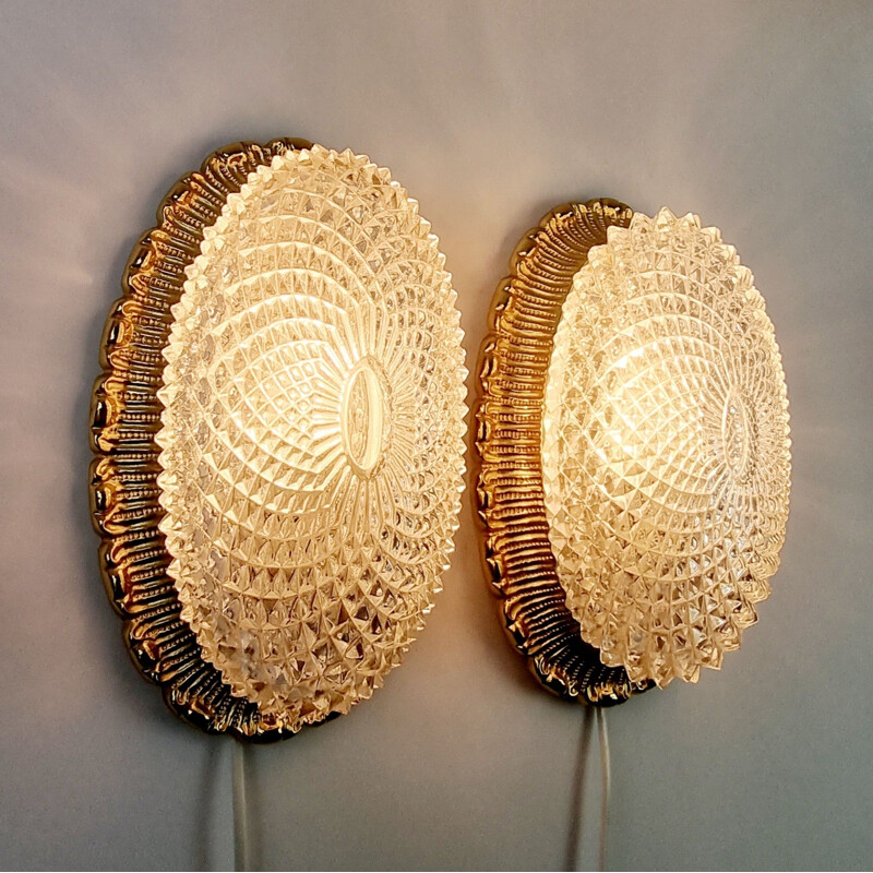 Pair of vintage crystal glass wall lamps by Limburg, Germany 1960s