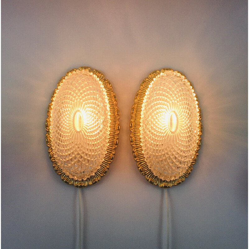 Pair of vintage crystal glass wall lamps by Limburg, Germany 1960s