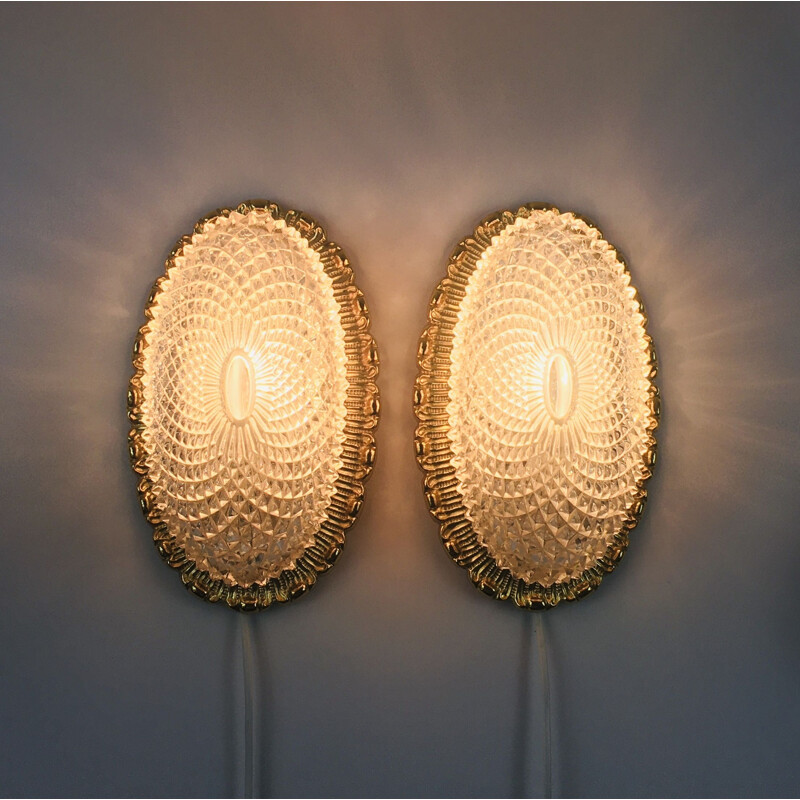 Pair of vintage crystal glass wall lamps by Limburg, Germany 1960s