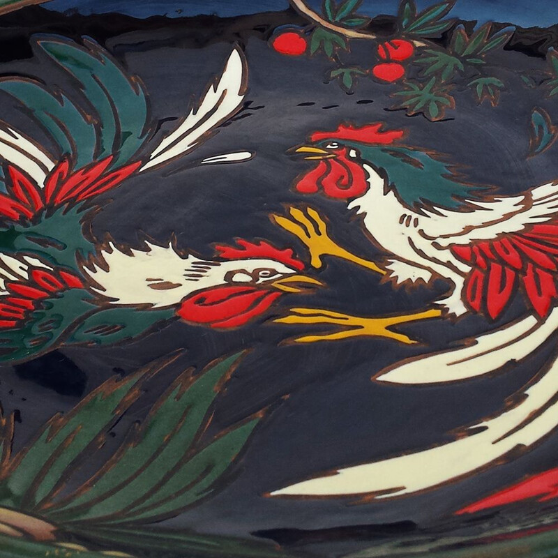 Plaque murale vintage en céramique de coqs de combat