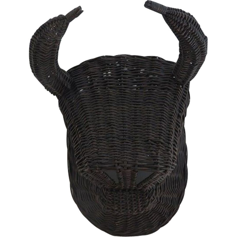 Vintage minotaur bull head in rattan, France 1960-1970