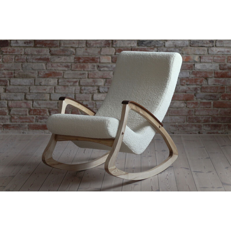 Vintage rocking chair in French boucle, Czechoslovakia 1950s