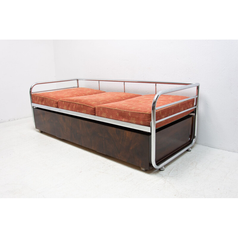 Sofá cama funcional vintage cromado de Kovona, Checoslovaquia 1950