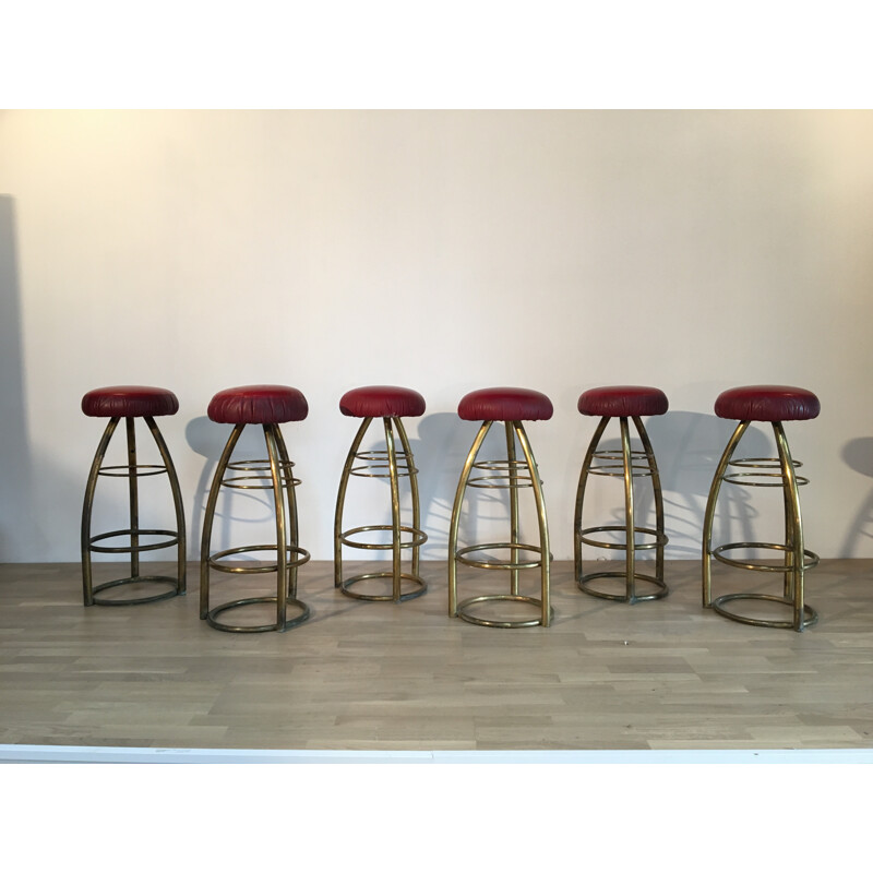 Set of 6 stools in brass and leatherette - 1950s