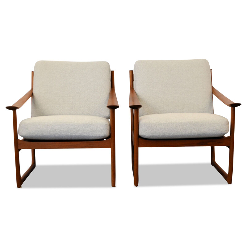 Pair of France & Son "FD-130" armchairs in teak and cream fabric, Peter HVIDT & Orla Mølgaard NIELSEN - 1960s