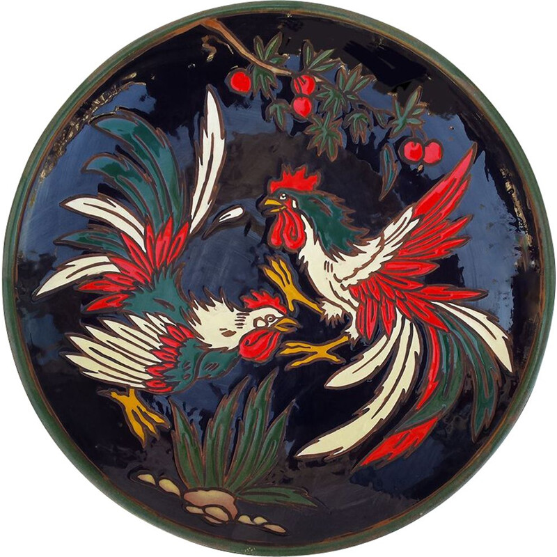 Placca da parete in ceramica vintage con galli da combattimento