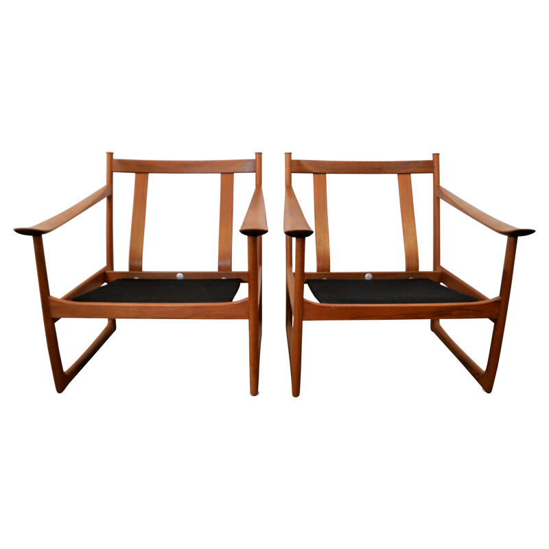 Pair of France & Son "FD-130" armchairs in teak and cream fabric, Peter HVIDT & Orla Mølgaard NIELSEN - 1960s