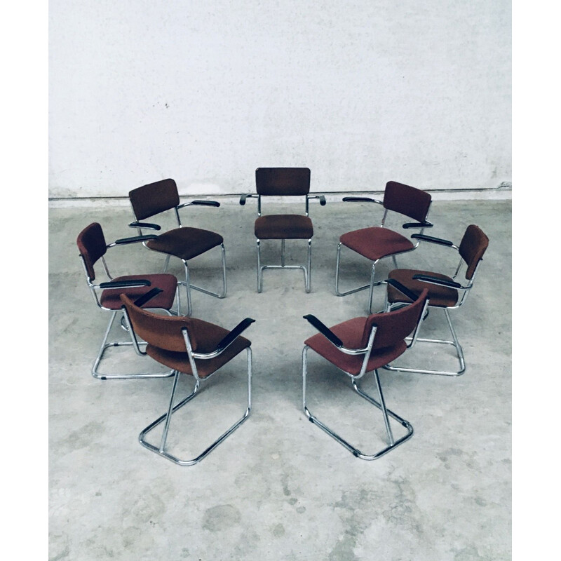 Set of 7 mid century brown office armchairs, Netherlands 1970s