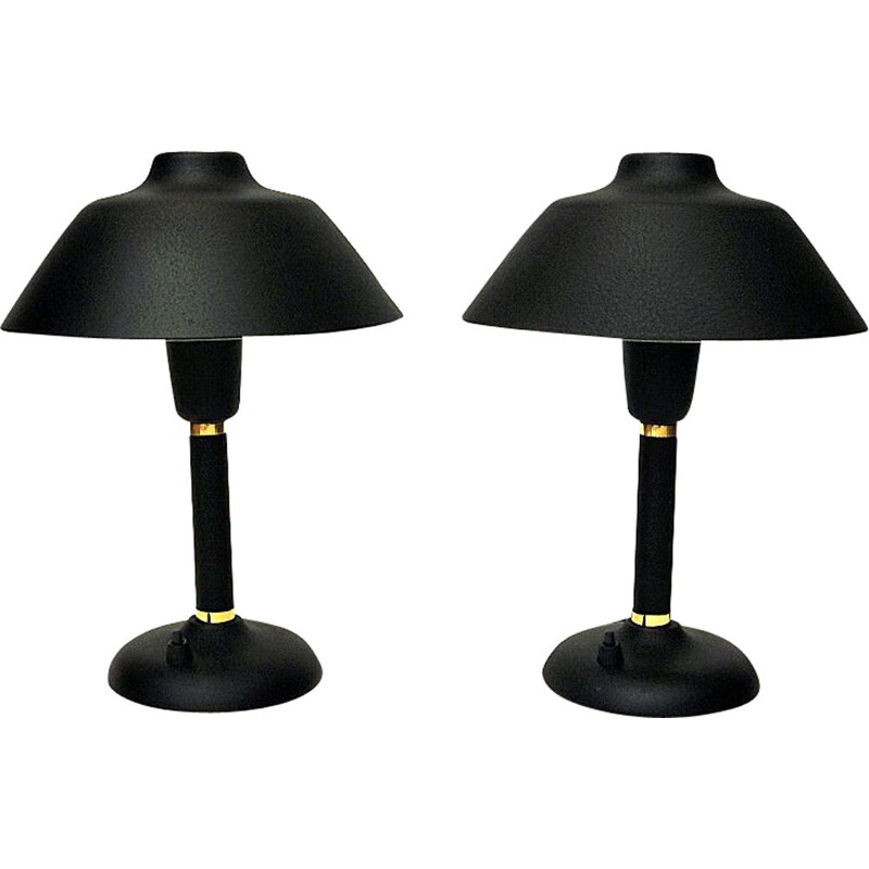 Paire de lampes de table vintage en métal noir et suédois par Gemi, 1950