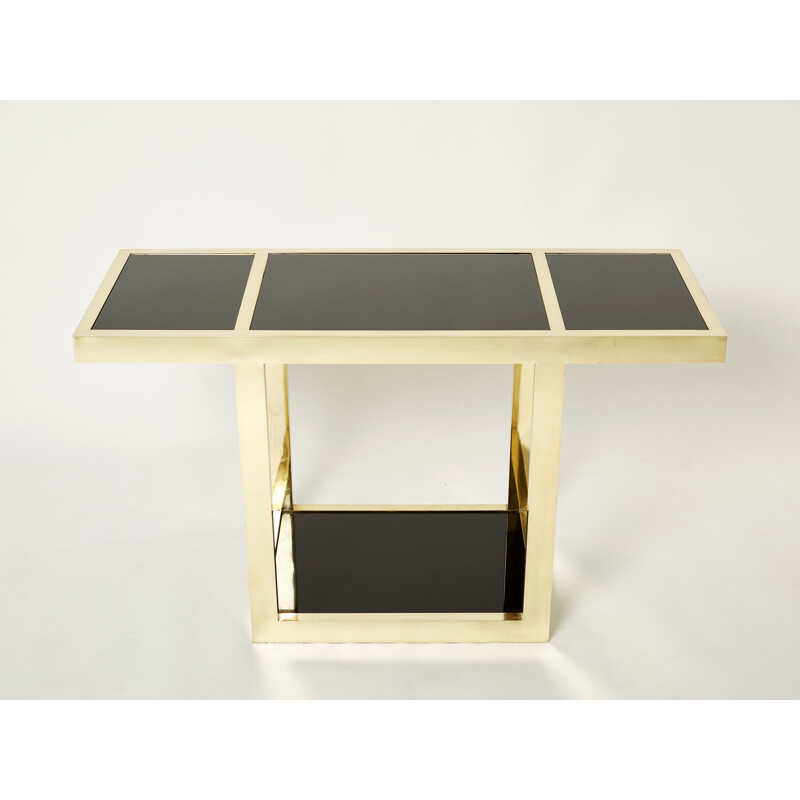 Vintage console "Puzzle" in brass and black opaline glass by Gabriella Crespi, 1973