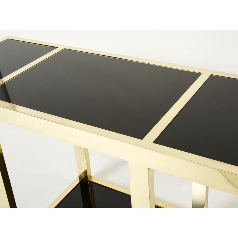 Vintage console "Puzzle" in brass and black opaline glass by Gabriella Crespi, 1973