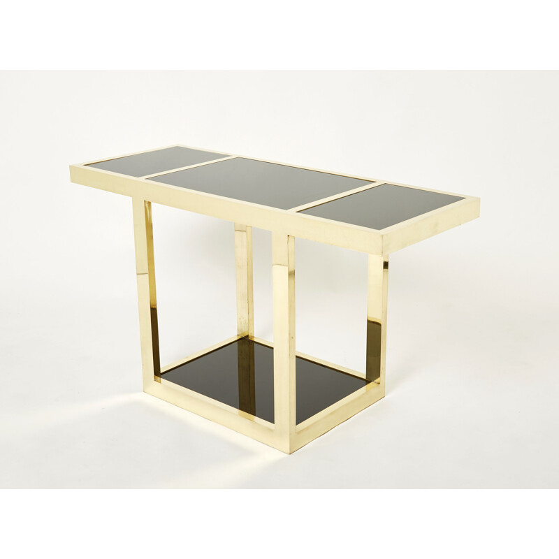 Console vintage "Puzzle" en laiton et verre opalin noir de Gabriella Crespi, 1973