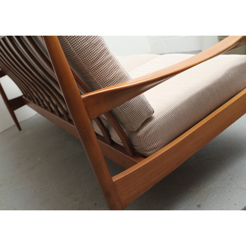 3-seater sofa in solid wood and beige fabric - 1960s