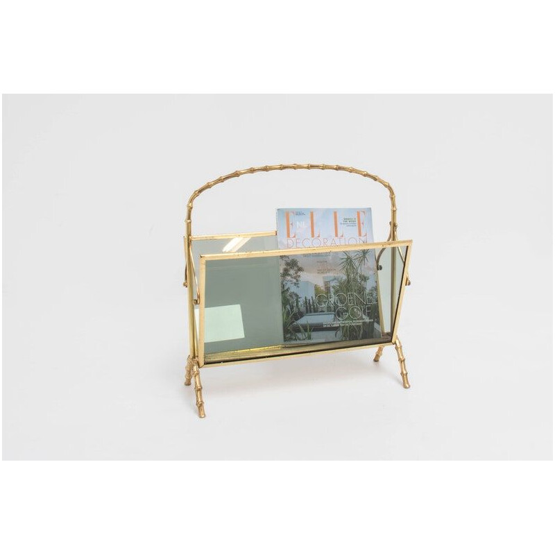 Vintage brass and glass magazine rack by Maison Baguès