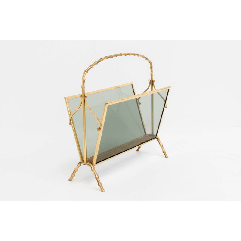 Vintage brass and glass magazine rack by Maison Baguès