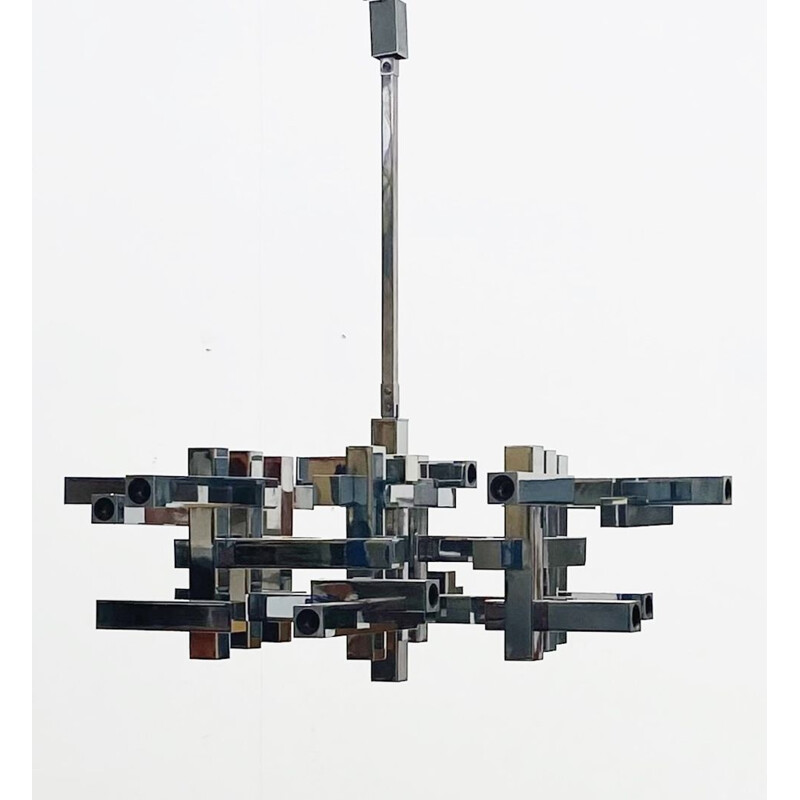 Mid-century graphic chromed chandelier by Gaetano Sciolari, Italy 1970s