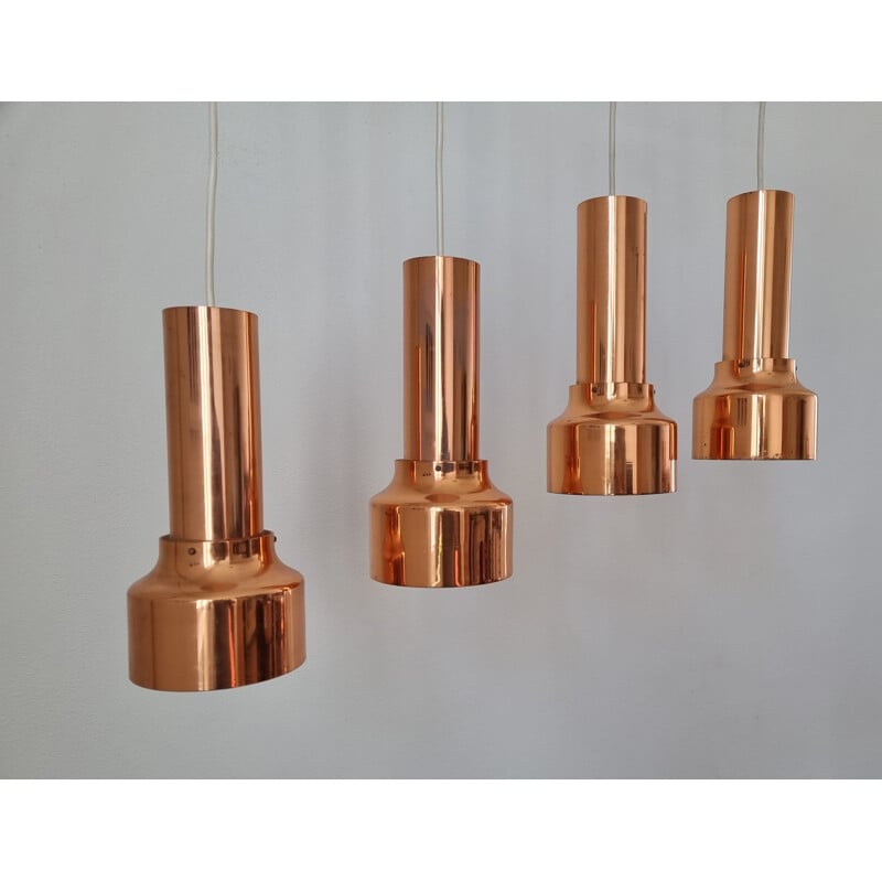 Set of 4 mid century copper pendant lamps, Denmark 1970s