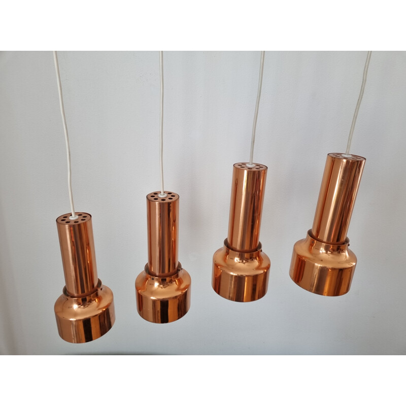 Set of 4 mid century copper pendant lamps, Denmark 1970s