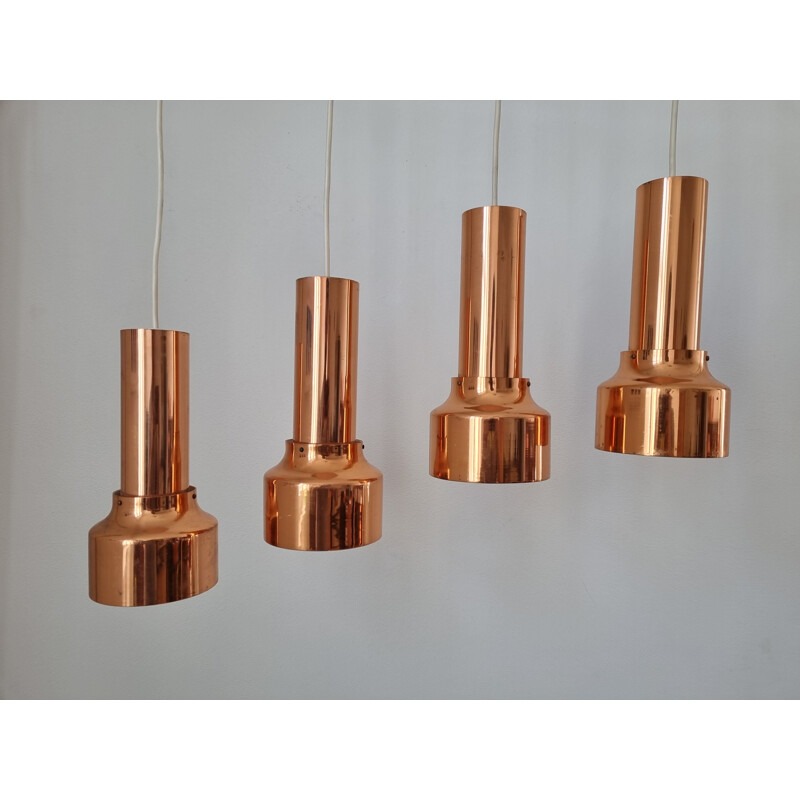 Set of 4 mid century copper pendant lamps, Denmark 1970s