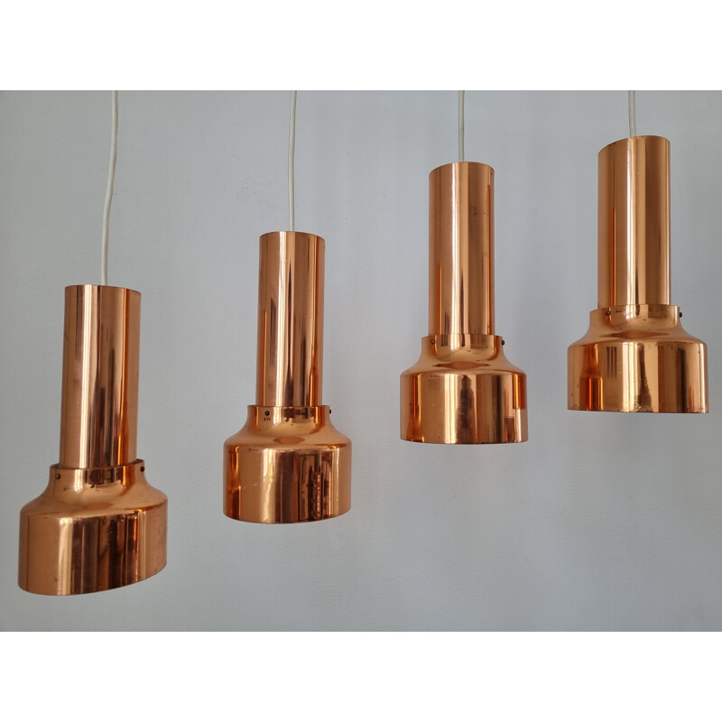 Set of 4 mid century copper pendant lamps, Denmark 1970s