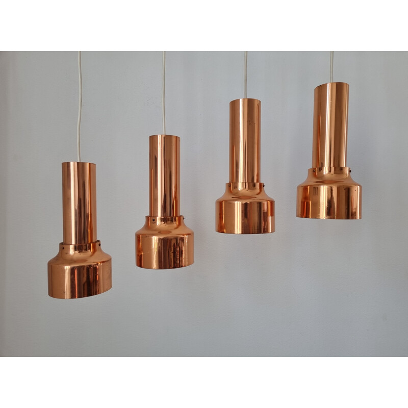 Set of 4 mid century copper pendant lamps, Denmark 1970s