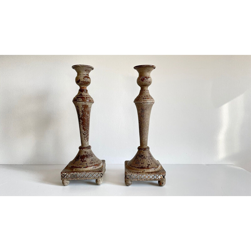 Pair of vintage candle holders in light patina metal