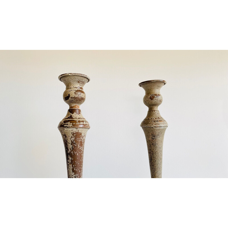 Pair of vintage candle holders in light patina metal