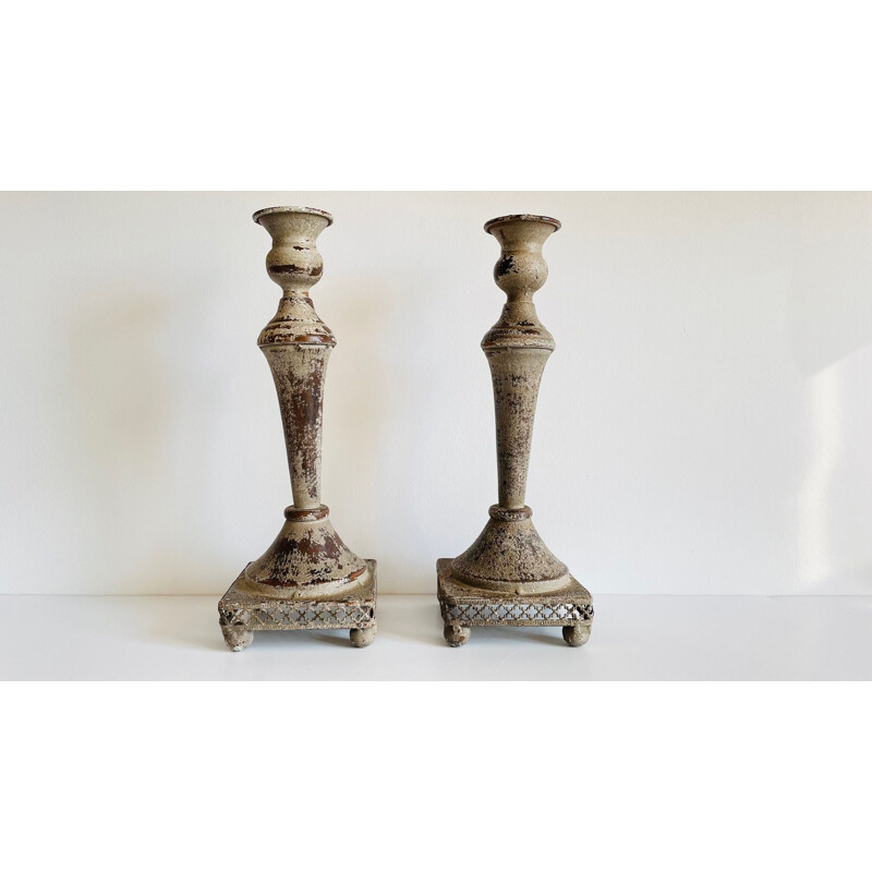 Pair of vintage candle holders in light patina metal