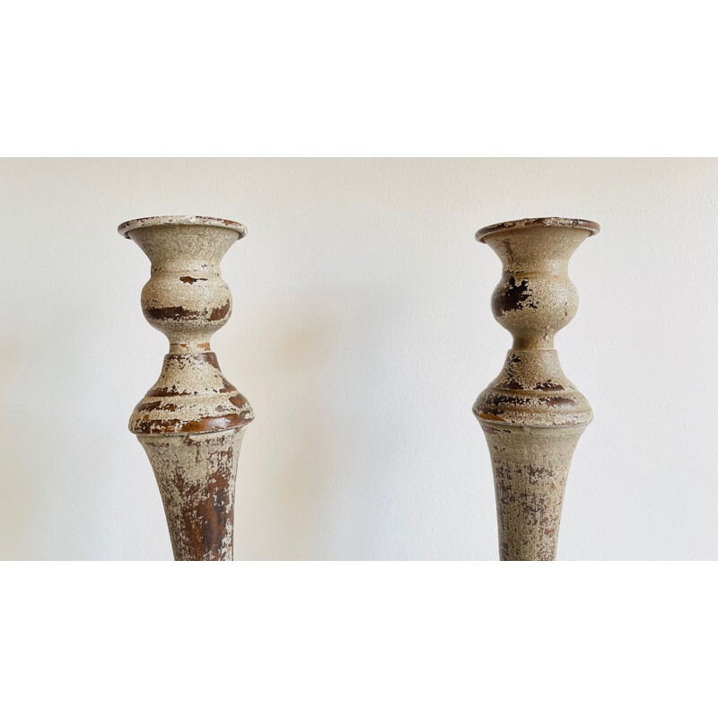 Pair of vintage candle holders in light patina metal