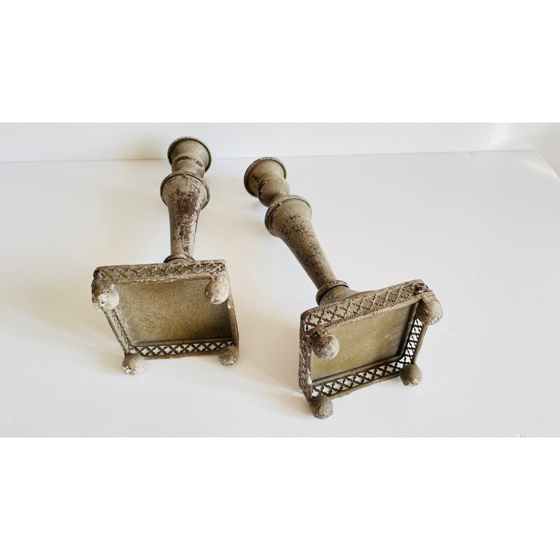 Pair of vintage candle holders in light patina metal