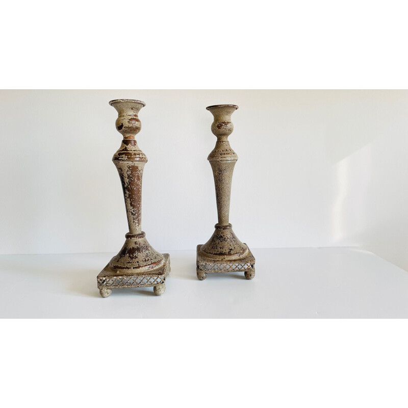 Pair of vintage candle holders in light patina metal