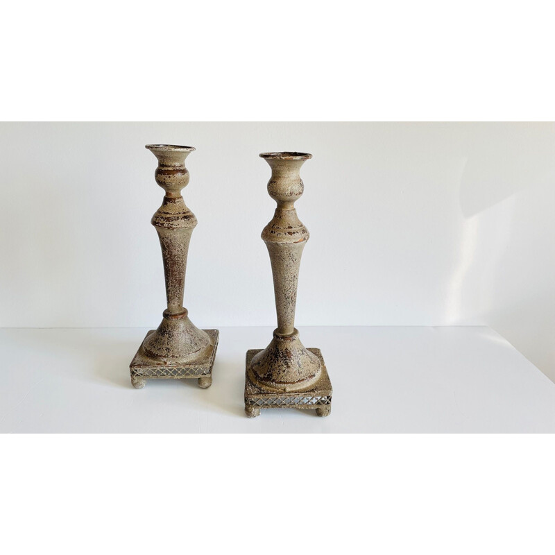 Pair of vintage candle holders in light patina metal