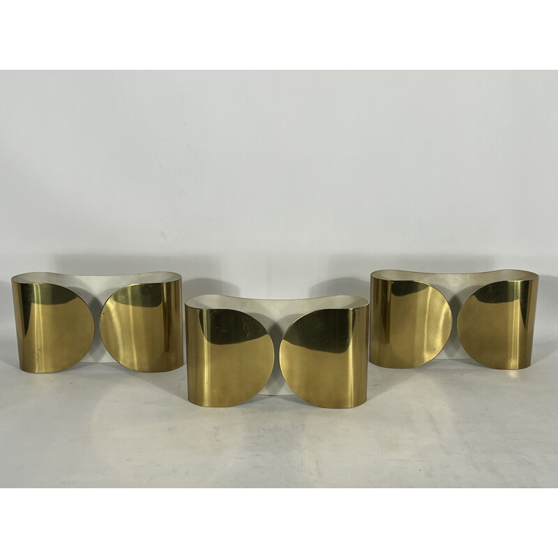 Set of 3 vintage solid brass Foglio wall lamps by Tobia Scarpa for Flos, Italy 1966