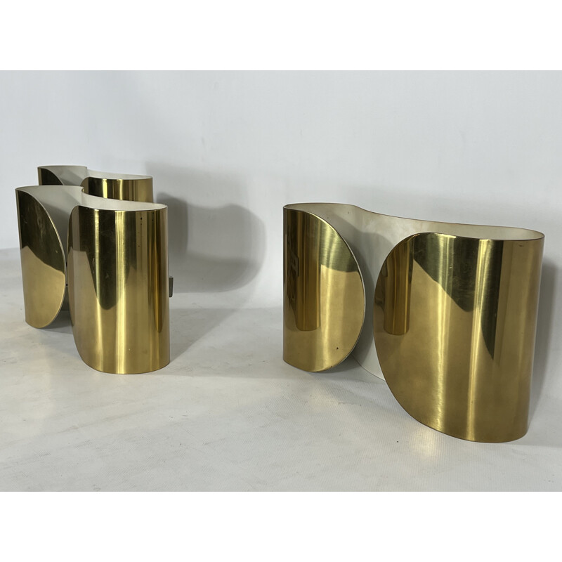 Set of 3 vintage solid brass Foglio wall lamps by Tobia Scarpa for Flos, Italy 1966