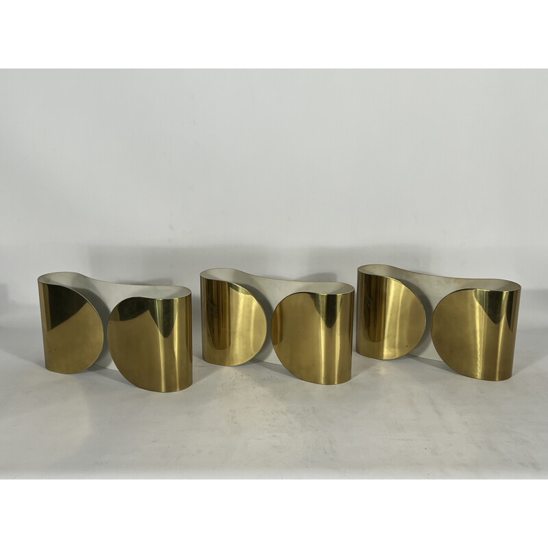 Set of 3 vintage solid brass Foglio wall lamps by Tobia Scarpa for Flos, Italy 1966