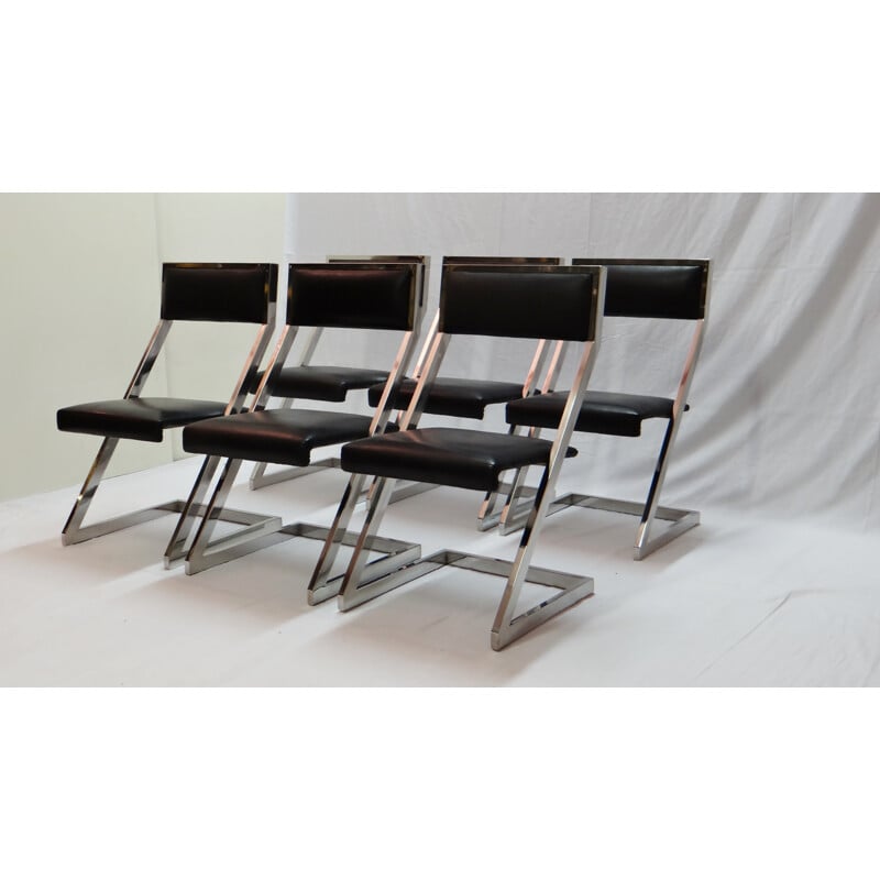 Set of 6 "Z-chair" chairs in black leather and chromed metal - 1970s
