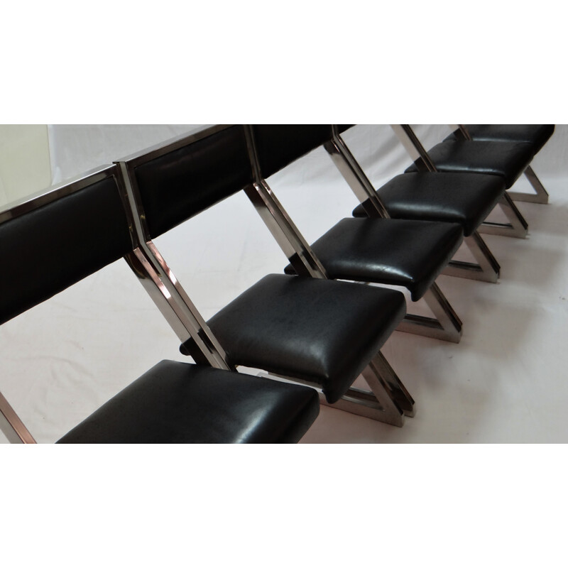 Suite de 6 chaises "Z-chair" en cuir noir et métal chromé - 1970