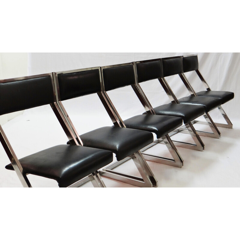 Set of 6 "Z-chair" chairs in black leather and chromed metal - 1970s