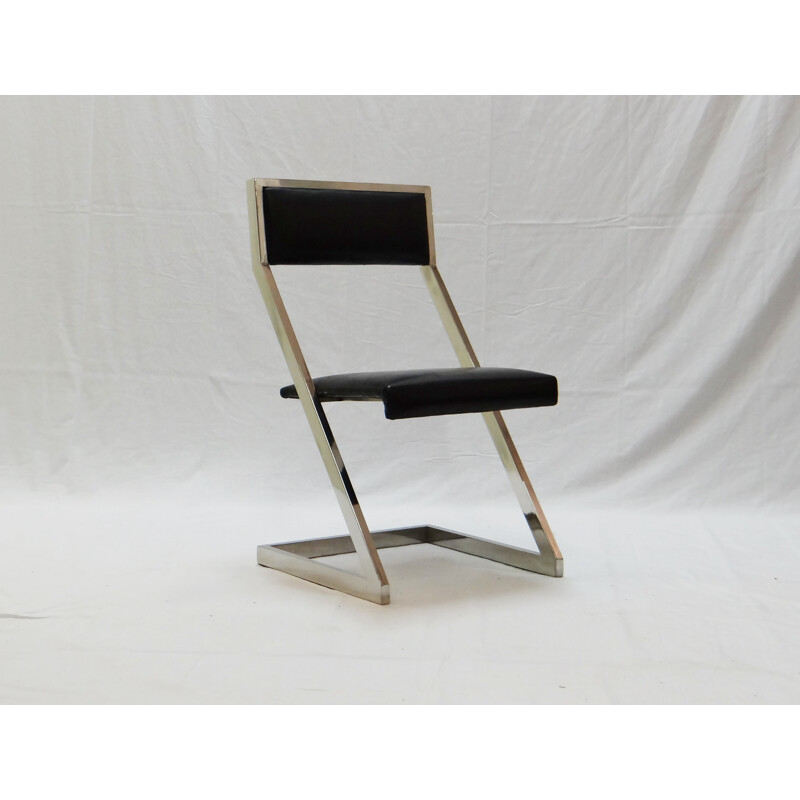 Set of 6 "Z-chair" chairs in black leather and chromed metal - 1970s